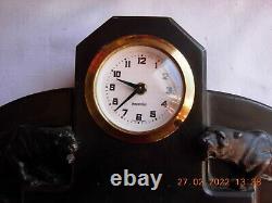 Antique Black imitation stone mantel clock with big cats jaguars panthers