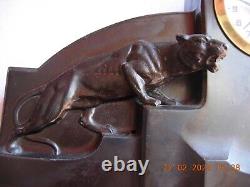 Antique Black imitation stone mantel clock with big cats jaguars panthers