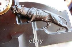 Antique Black imitation stone mantel clock with big cats jaguars panthers