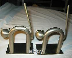 Antique Chase Industrial Chrome Steel Art Deco Cat Statue Sculpture Bookends