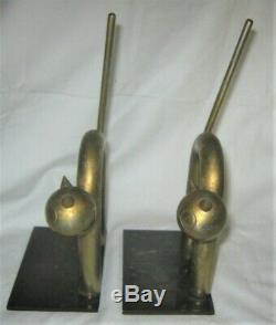 Antique Chase USA Industrial Chrome Steel Art Deco Cat Kitten Us Statue Bookends