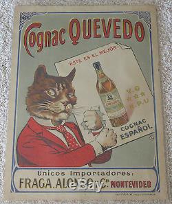 Antique Cognac Quevedo Cat Spanish Art Deco Advertisment Lithograph Poster