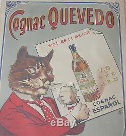 Antique Cognac Quevedo Cat Spanish Art Deco Advertisment Lithograph Poster