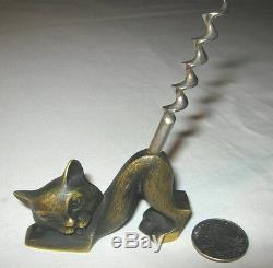 Antique Deco Rohac Austrian Bronze Cat Corkscrew Statue Sculpture Paperweight