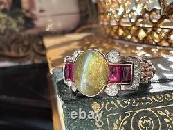 Antique Estate Art Deco Cat's Eye Chrysoberyl Ruby Diamond Tri-Gold Chain Ring