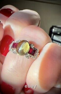 Antique Estate Art Deco Cat's Eye Chrysoberyl Ruby Diamond Tri-Gold Chain Ring