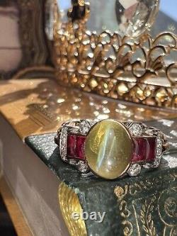 Antique Estate Art Deco Cat's Eye Chrysoberyl Ruby Diamond Tri-Gold Chain Ring
