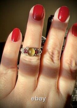 Antique Estate Art Deco Cat's Eye Chrysoberyl Ruby Diamond Tri-Gold Chain Ring