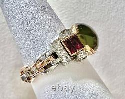 Antique Estate Art Deco Cat's Eye Chrysoberyl Ruby Diamond Tri-Gold Chain Ring