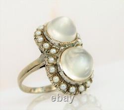Antique Fine Art Deco Platinum Natural Cats Eye Moonstone Ring Pearl Halo