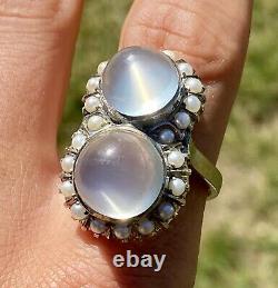 Antique Fine Art Deco Platinum Natural Cats Eye Moonstone Ring Pearl Halo