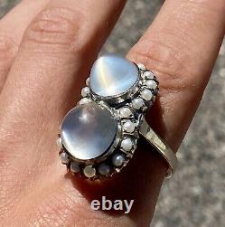 Antique Fine Art Deco Platinum Natural Cats Eye Moonstone Ring Pearl Halo