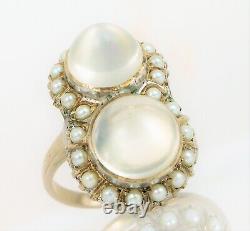 Antique Fine Art Deco Platinum Natural Cats Eye Moonstone Ring Pearl Halo