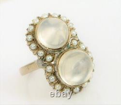 Antique Fine Art Deco Platinum Natural Cats Eye Moonstone Ring Pearl Halo