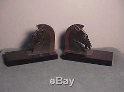 Antique French Art Deco Bronze Book-ends Roman Horse Head On Marble E. Guy