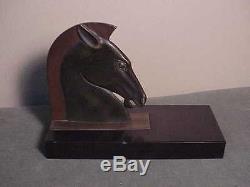 Antique French Art Deco Bronze Book-ends Roman Horse Head On Marble E. Guy