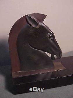 Antique French Art Deco Bronze Book-ends Roman Horse Head On Marble E. Guy