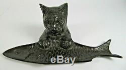 Antique French Art Deco Bronze Cat with Fish Pen Tray Holder Trinket Dish Figure