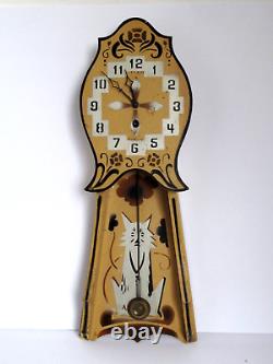 Antique Gilbert Wood Stenciled tall Cat Novelty Working Clock 1928