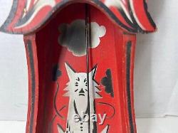 Antique Gilbert Wood Stenciled tall Cat Novelty Working Clock 1928 Red