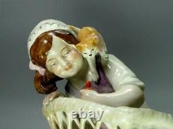 Antique Girl & Cat Game Original Kister Alsbach Porcelain Figurine Art Sculpture