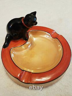 Antique NORITAKE Black Cat Ashtray Made in Japan Handpainted Collectible