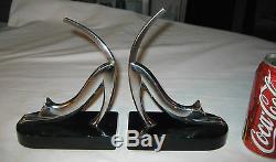 Antique Retro USA Modern Heavy Chrome Art Deco Cat Statue Sculpture Bookends Toy