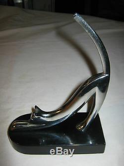 Antique Retro USA Modern Heavy Chrome Art Deco Cat Statue Sculpture Bookends Toy