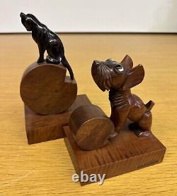 Antique San Karmer Paris Carved Wood Dog & Cat Bookends 1930s Art Deco Vintage