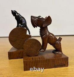Antique San Karmer Paris Carved Wood Dog & Cat Bookends 1930s Art Deco Vintage