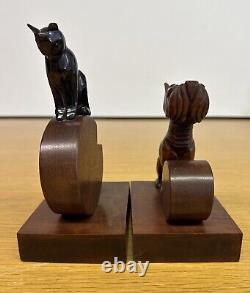 Antique San Karmer Paris Carved Wood Dog & Cat Bookends 1930s Art Deco Vintage