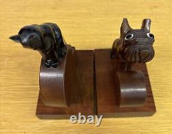 Antique San Karmer Paris Carved Wood Dog & Cat Bookends 1930s Art Deco Vintage