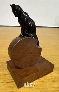 Antique San Karmer Paris Carved Wood Dog & Cat Bookends 1930s Art Deco Vintage