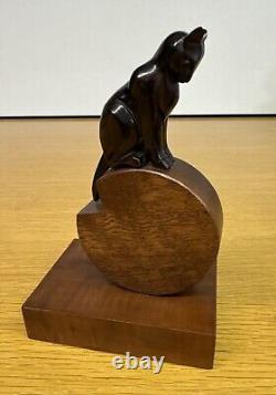 Antique San Karmer Paris Carved Wood Dog & Cat Bookends 1930s Art Deco Vintage