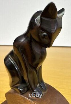 Antique San Karmer Paris Carved Wood Dog & Cat Bookends 1930s Art Deco Vintage