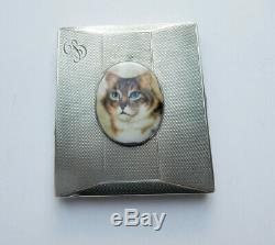 Antique Solid Silver Enamel Tabby Cat Cigarette Case