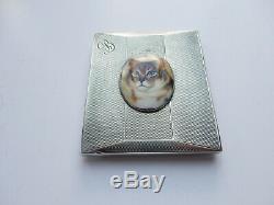 Antique Solid Silver Enamel Tabby Cat Cigarette Case