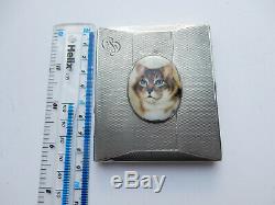 Antique Solid Silver Enamel Tabby Cat Cigarette Case