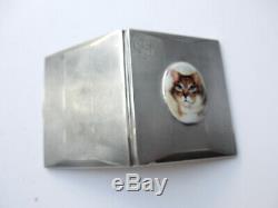 Antique Solid Silver Enamel Tabby Cat Cigarette Case