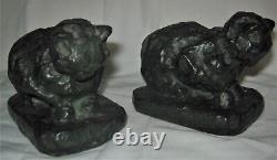 Antique USA Bronze Clad Art Deco Abstract Retro Modern Book Cat Statue Bookends