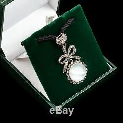 Antique Vintage Art Deco Style Sterling Silver Marcasite Cats Eye Bolo Necklace