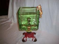 Antique Vintage Green Glass Fish Bowl Tank Aquarium Cat Cast Iron Houze Glass