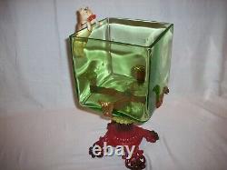 Antique Vintage Green Glass Fish Bowl Tank Aquarium Cat Cast Iron Houze Glass
