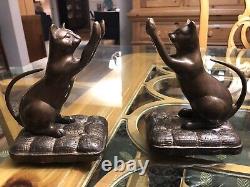 Antique Weighted Bronze Cat Bookends, Stretching Kitty's On Pillows, 5.5 Inch