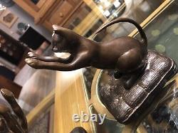 Antique Weighted Bronze Cat Bookends, Stretching Kitty's On Pillows, 5.5 Inch