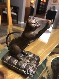 Antique Weighted Bronze Cat Bookends, Stretching Kitty's On Pillows, 5.5 Inch