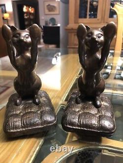 Antique Weighted Bronze Cat Bookends, Stretching Kitty's On Pillows, 5.5 Inch