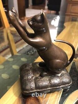 Antique Weighted Bronze Cat Bookends, Stretching Kitty's On Pillows, 5.5 Inch