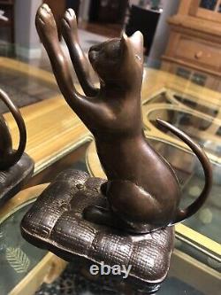 Antique Weighted Bronze Cat Bookends, Stretching Kitty's On Pillows, 5.5 Inch