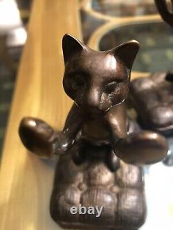 Antique Weighted Bronze Cat Bookends, Stretching Kitty's On Pillows, 5.5 Inch